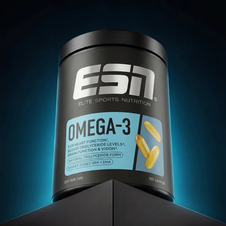 ESN Omega-3 300 Kapseln, Omega-3-Fischölkapseln, hellgelbe Kapseln in einer weißen Packung, hochwertige Nahrungsergänzung