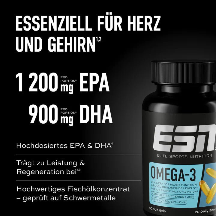 ESN Omega-3 Kapseln, 60 Stück, enthalten hochwertiges Fischöl für gesunde Fettsäuren, in einer weißen Verpackung