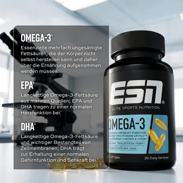 ESN Omega-3 Kapseln in einer Packung, hochwertige Omega-3-Fettsäuren, ideal für gesunde Ernährung, braune Kapseln auf weißem Hintergrund