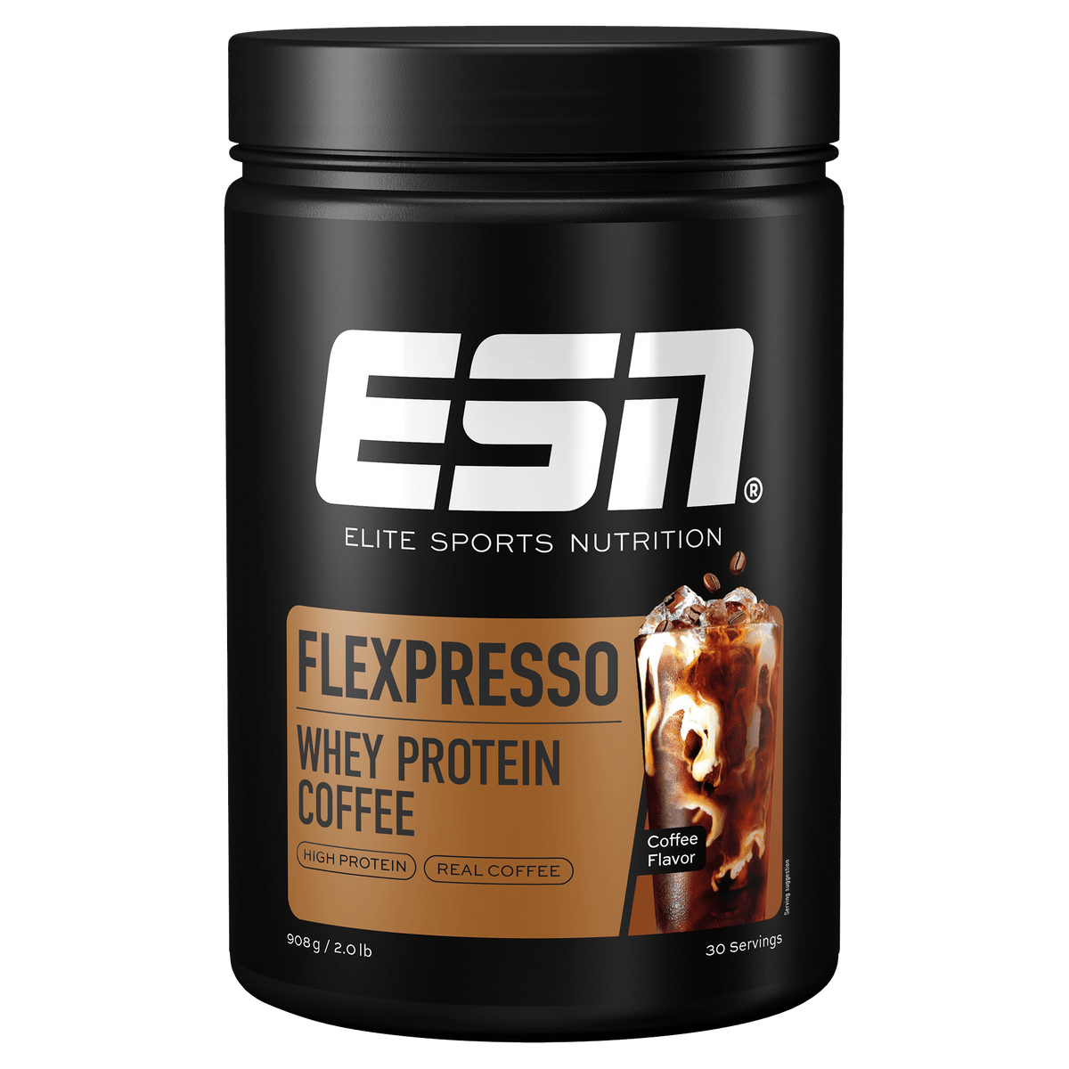 ESN Flexpresso Protein Coffee mit Karamellgeschmack, cremiges Getränk mit Kaffee und Protein, in einer Tasse auf einem Tisch.