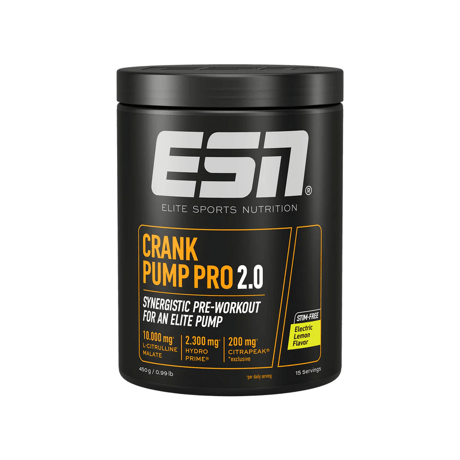 ESN Pump Booster Crank Pump Pro 2.0 Pre-Workout, Pulver für Energie und Fokus beim Training, in Dose mit Pulver.