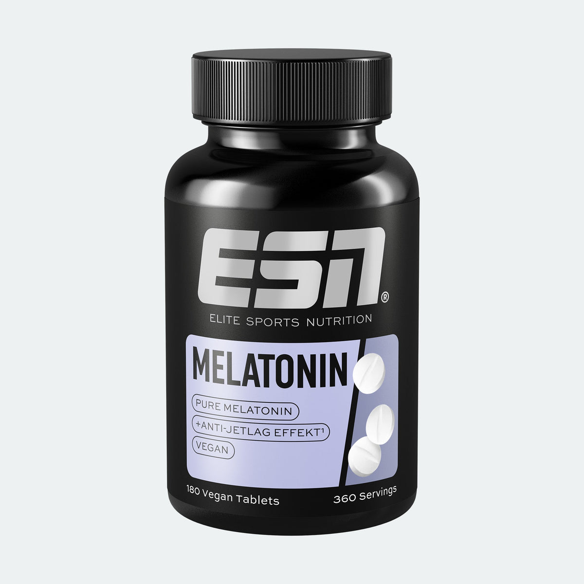 ESN Melatonin Schlafhilfe in Tablettenform, fördert ruhigen Schlaf und Erholung, sichtbar in der Verpackung.