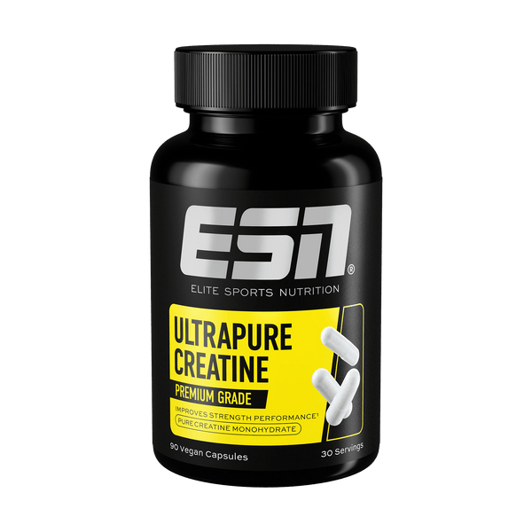 ESN Ultrapure Creatine Kapseln, 90 Kapseln, Nahaufnahme der weißen Nahrungsergänzungskapseln in einer Packung