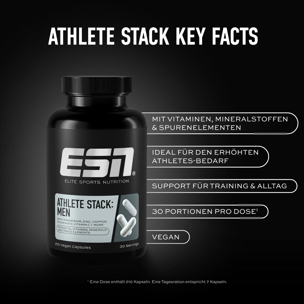 ESN Athlete Stack Men 2.0 Vitamine und Mineralien, 210 Kapseln, Dose mit bunten Kapseln und Label, für sportliche Ernährung