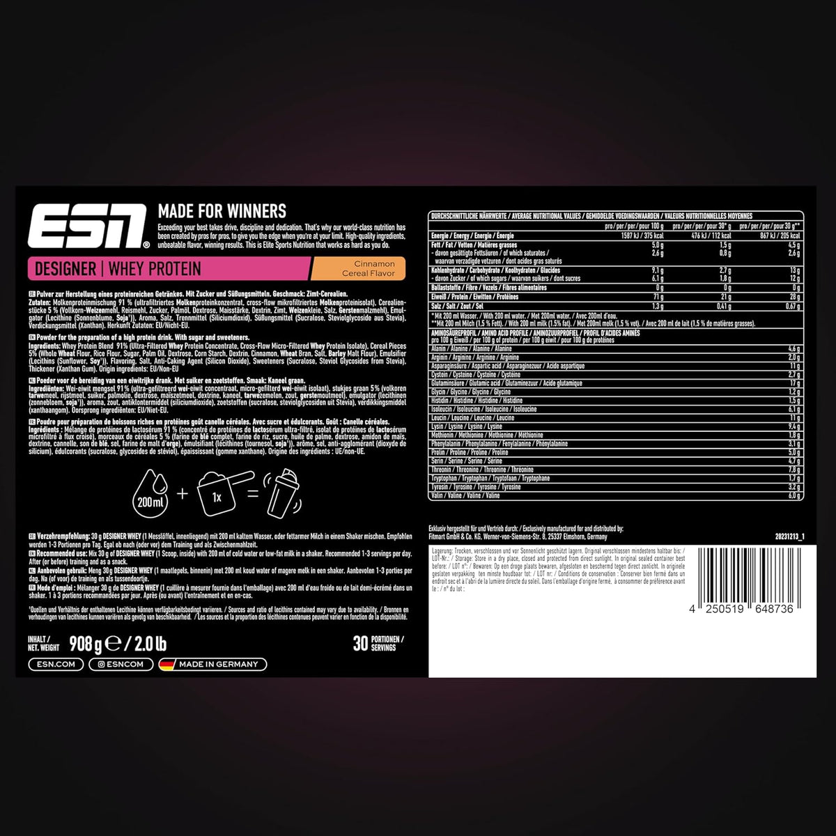 ESN Designer Whey Protein in Dose, 908 g, mit Geschmack Stracciatella, cremiges Whey-Proteinpulver in Dose, ideal für Muskelaufbau