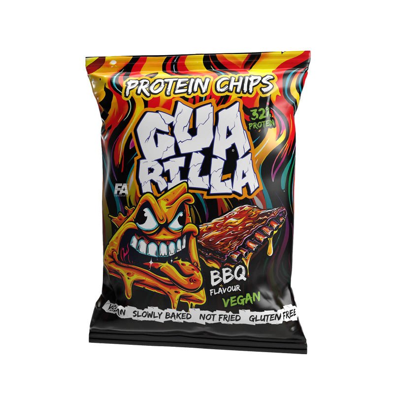 Guarilla Protein Chips 60 g Barbecue von Fitness Authority, knusprige Protein-Chips mit BBQ-Geschmack, in Verpackung sichtbar