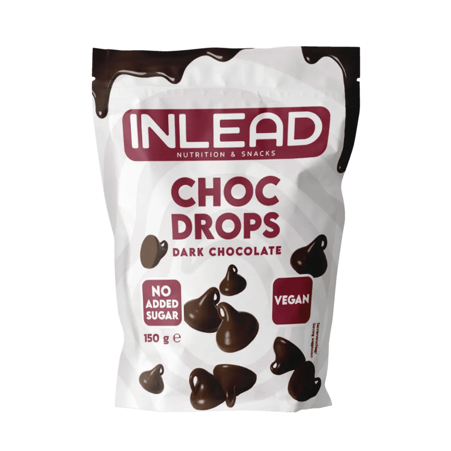 Inlead Choc Drops, 150 g: Nahaufnahme der dunklen Schokoladen-Tropfen in einer Verpackung von Inlead.