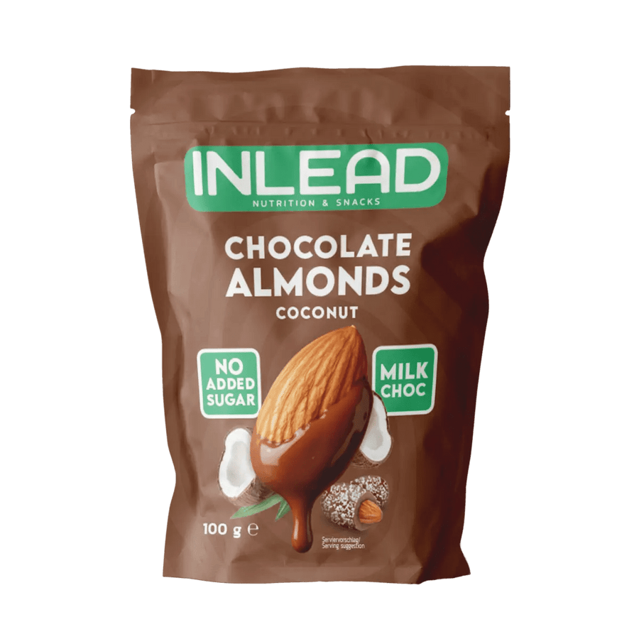 Inlead Schokolade Mandeln 100 g mit Milchschokolade, Kokosnuss, cremig und knackig, in einer Verpackung.