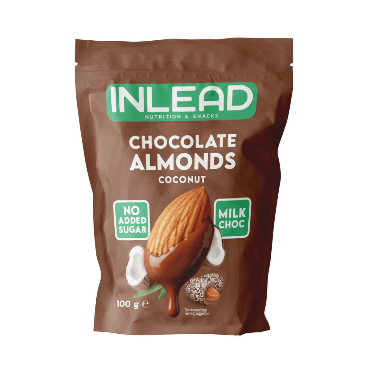 Inlead Schokoladenmandeln mit Milchschokolade, Kokos und Mandeln in 100 g Verpackung, Nahaufnahme des Snacks
