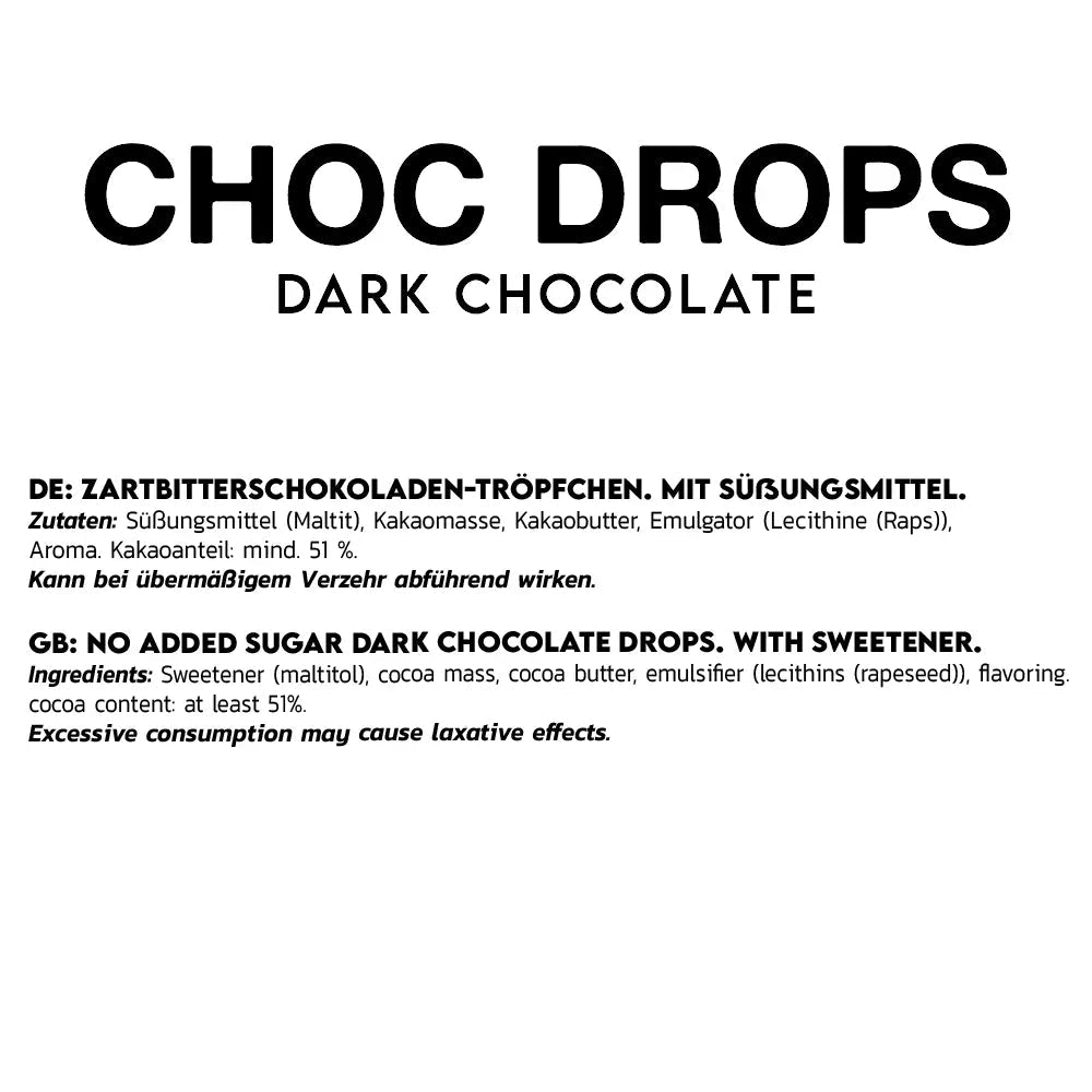 Inlead Choc Drops 150 g, dunkle Schokoladentröpfchen in einer Verpackung, Produktfoto für Inlead Schokoladenleckereien