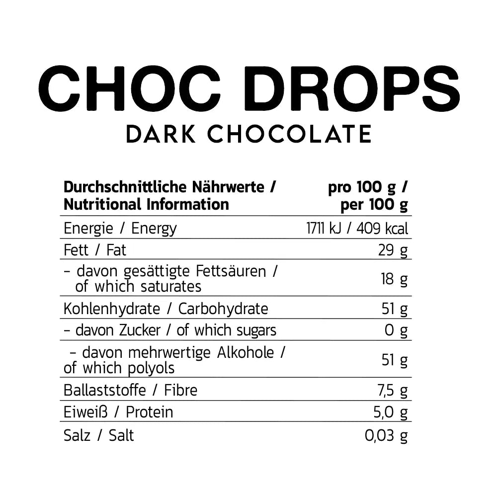 Inlead Choc Drops 150 g, dunkle Schokoladentropfen in einer Packung, mit dunkler Schokolade und Inlead-Branding sichtbar