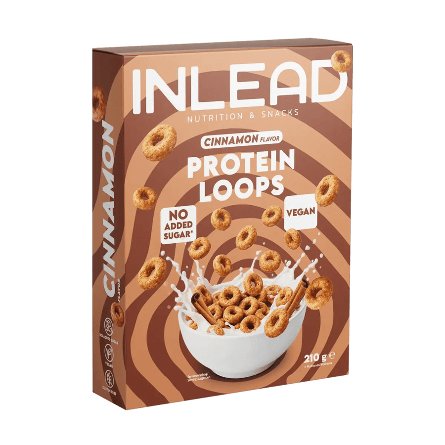 Inlead Protein Loops mit Zimtgeschmack in 210g, leckere proteinreiche Snacks in einer offenen Packung.