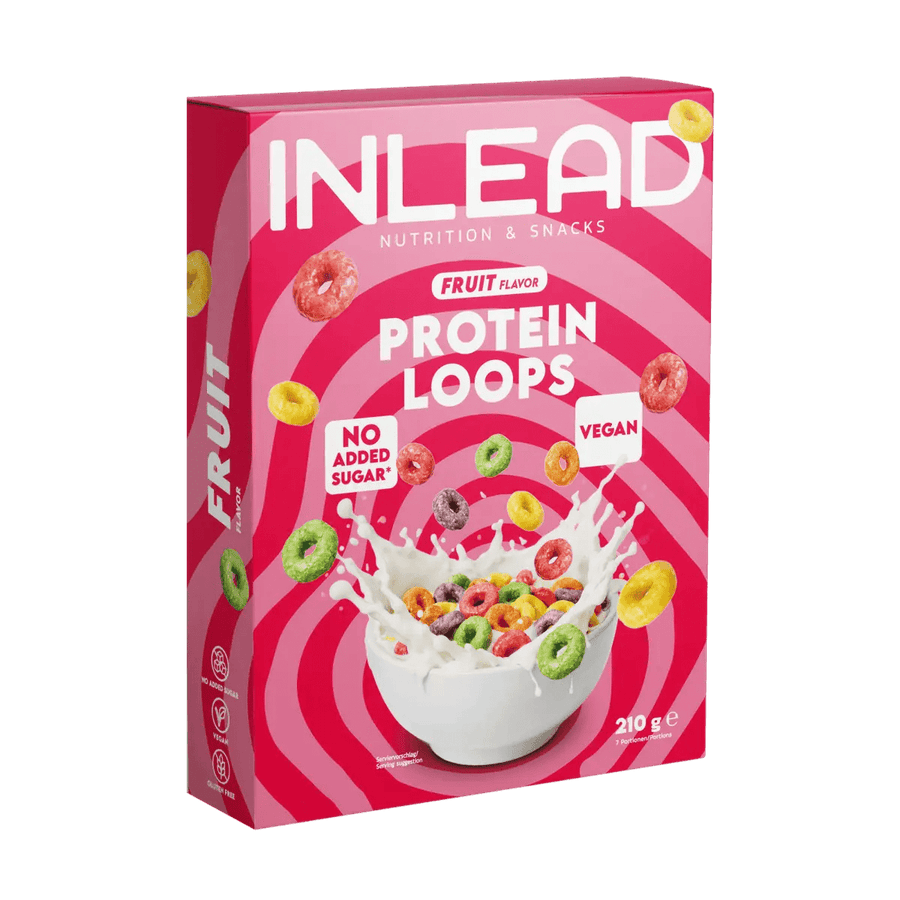 Inlead Protein Loops mit Fruchtgeschmack, 210g, nahe Ansicht der bunten, fruchtigen Proteinriegel in der Verpackung.