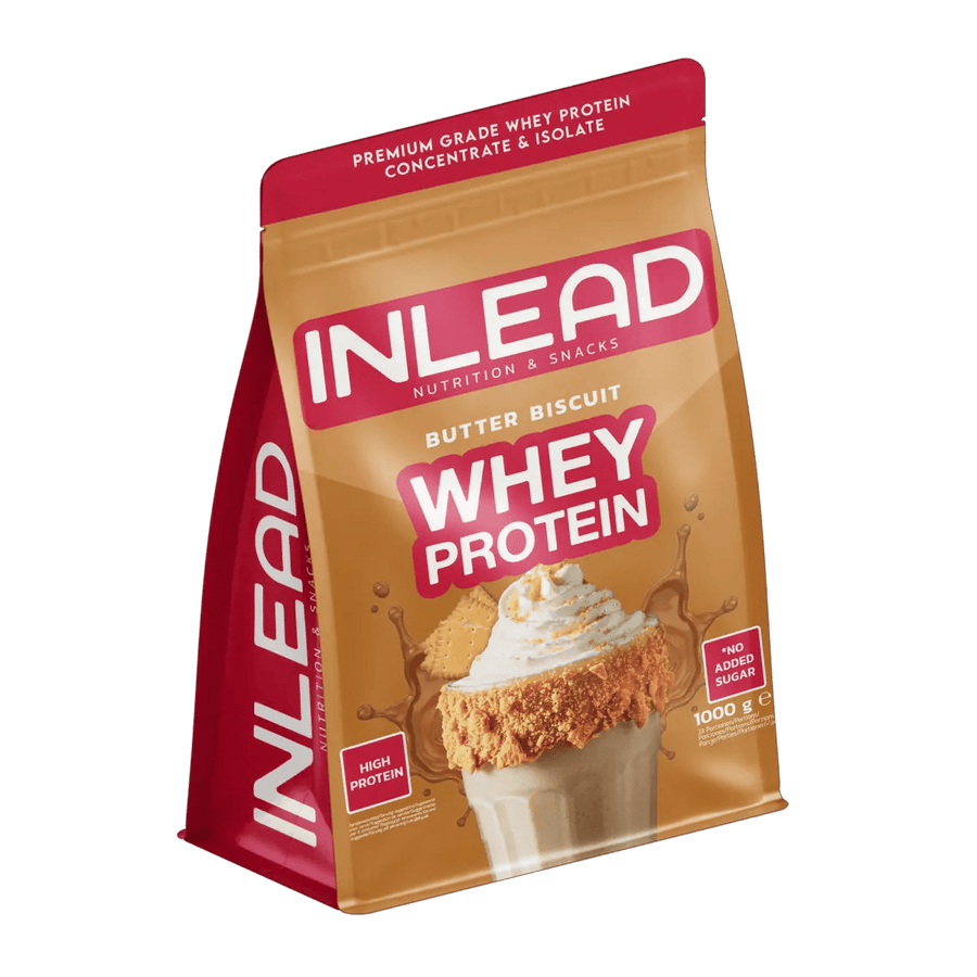 Inlead Whey Protein 1000g, Pulver in einer transparenten Verpackung, zeigt das Produkt und das Etikett.
