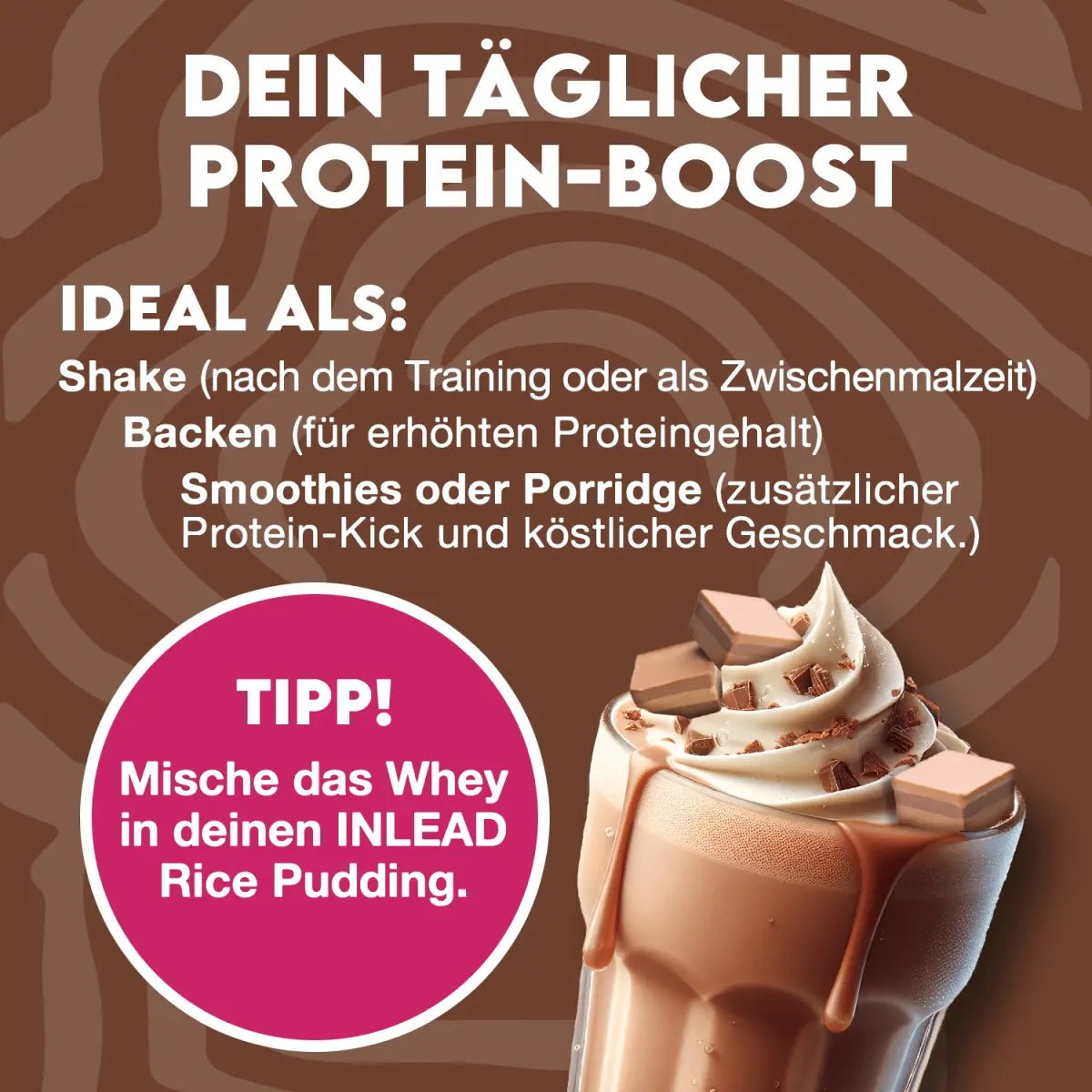 Inlead Whey Protein 1000g mit Schokoladen-Nougat-Geschmack, Molkenprotein in einer Verpackung, Nahaufnahme