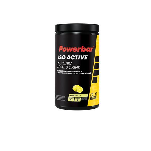 Powerbar Iso Active isotonisches Energiegetränk Lemon mit 5 Elektrolyten, sichtbar in einer Trinkflasche mit Zitronengeschmack.