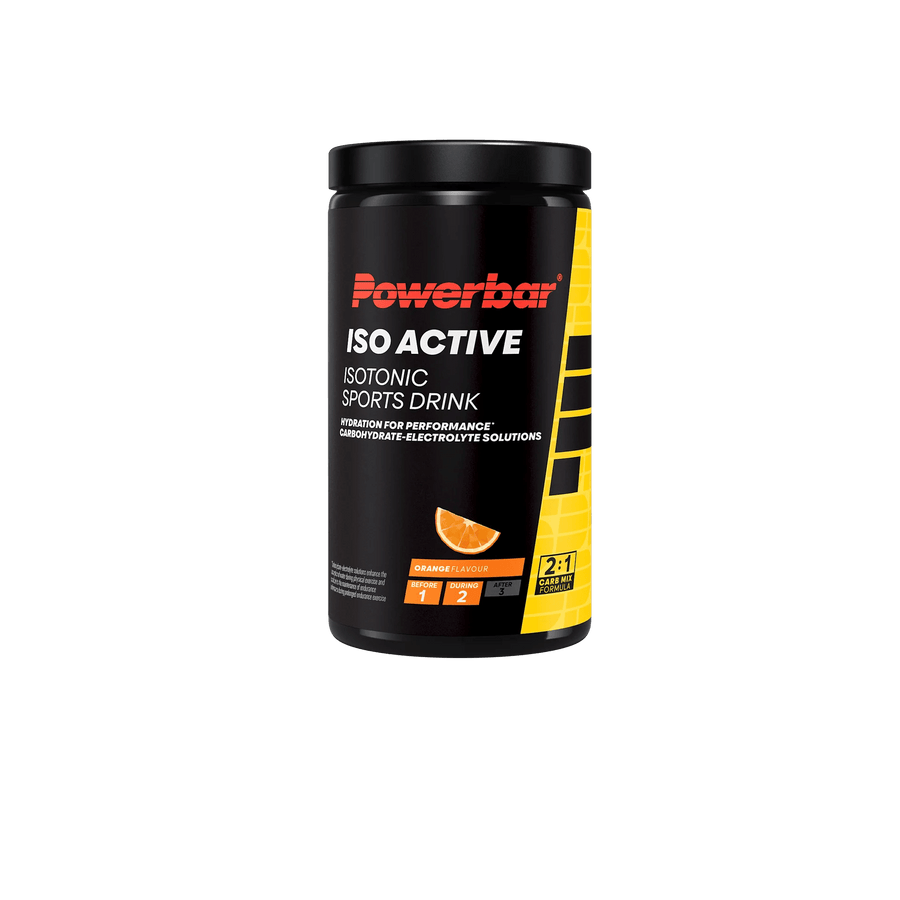 Powerbar Iso Active isotonisches Energiedrink in Orangengeschmack mit 5 Elektrolyten, ideal für schnelle Flüssigkeitszufuhr bei Sport.