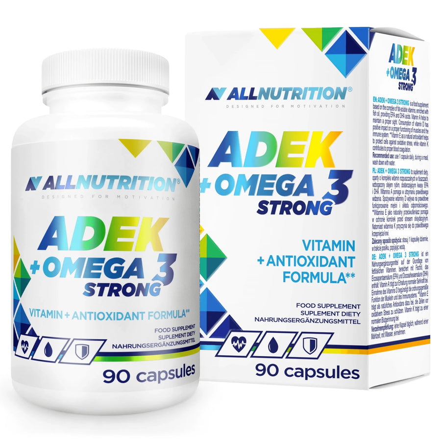 Dose mit 90 Omega-3 Kapseln von ALLNUTRITION, enthält ADEK + Omega-3 für die Gesundheit, zeigt die Verpackung mit Kapseln