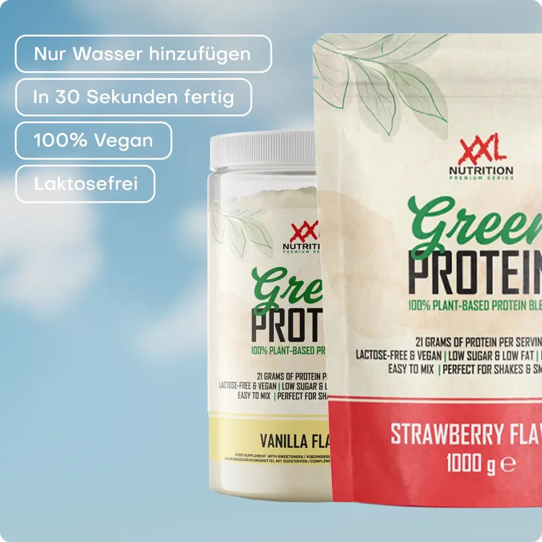 Veganer Green Protein Whey Protein von MAE Nutrition mit Bananengeschmack, in einer Verpackung, zeigt das Produkt in einer Schüssel.