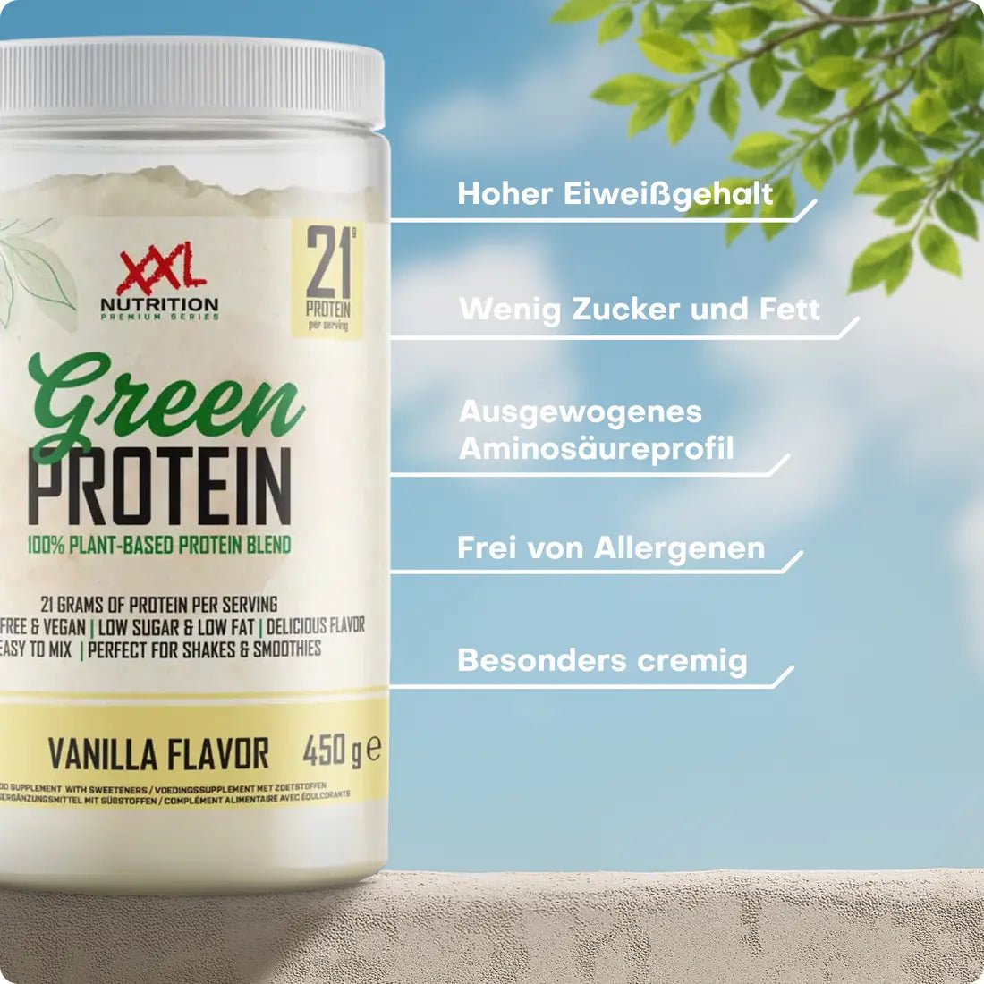 MaE Nutrition Green Protein Vegan Whey Protein mit Bananengeschmack, cremige Konsistenz, ideal für vegane Proteinaufnahme.