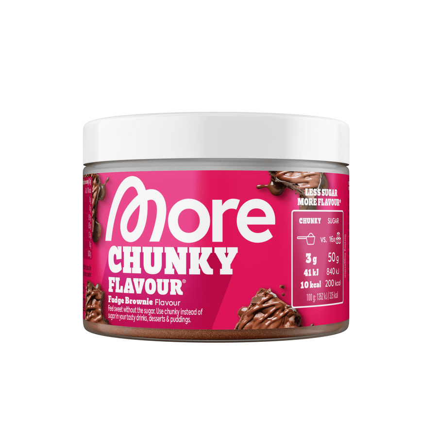 Mehr Nutrition Chunky Flavour Fudge Brownie Geschmackspulver in 150g Dose, cremige Textur und schokoladiger Geschmack.