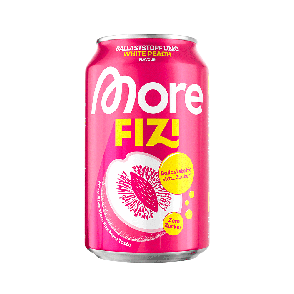 Mehr Nutrition Fizi Weißer Pfirsich Getränke in 330ml Flasche, erfrischender Fruchtgeschmack, ideal für unterwegs.