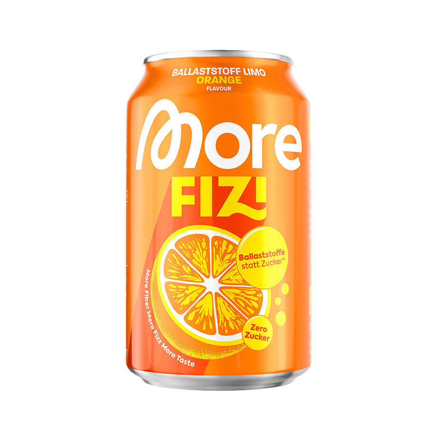 Mehr Nutrition Fizi Orange Erfrischungsgetränk in 330ml Flasche mit orangefarbiger Flüssigkeit und fruchtigem Orange-Geschmack.