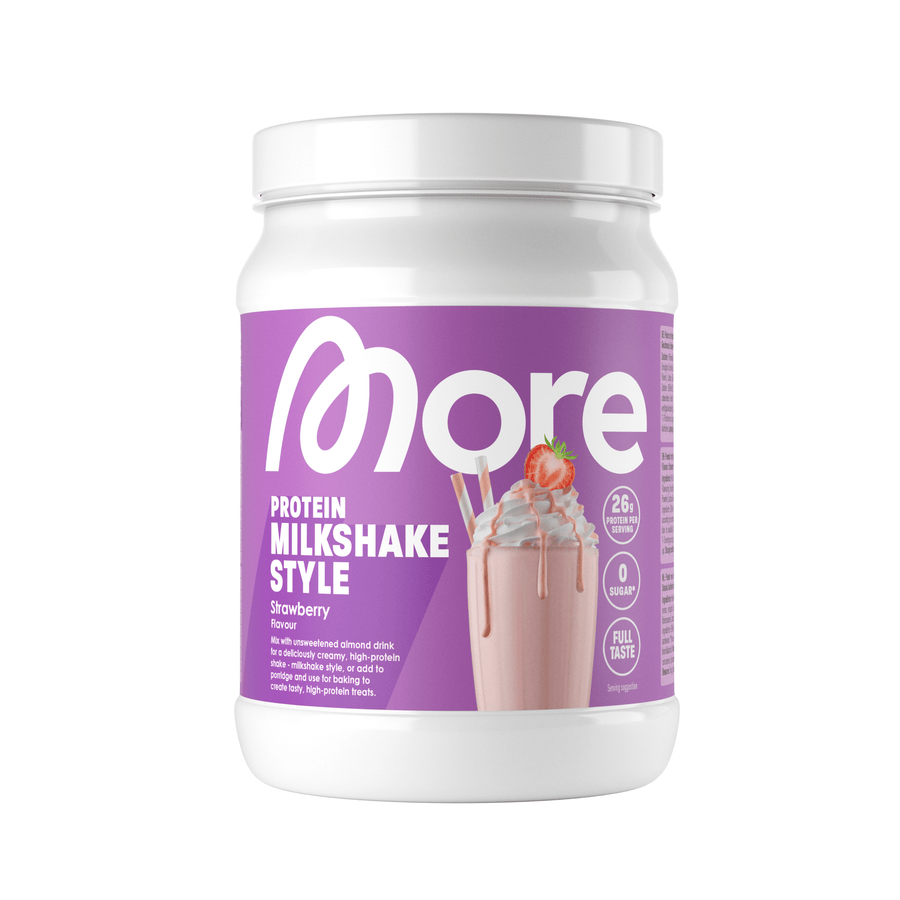 More Nutrition Erdbeer-Protein-Milchshake im 360g Becher, cremige Konsistenz und frischer Erdbeergeschmack.