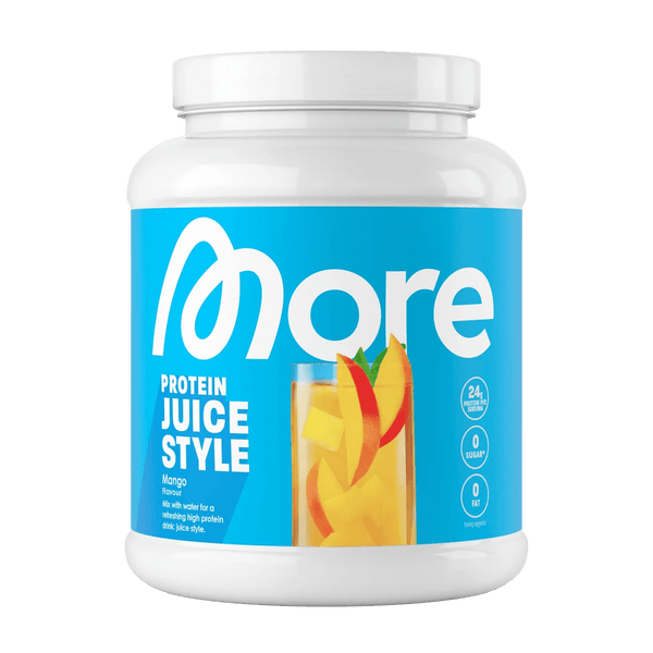 Mehr Nutrition More Clear Isoclear Whey Proteinlimonade Mango, 600g, zeigt die Verpackung und das erfrischende Getränk in einer Flasche