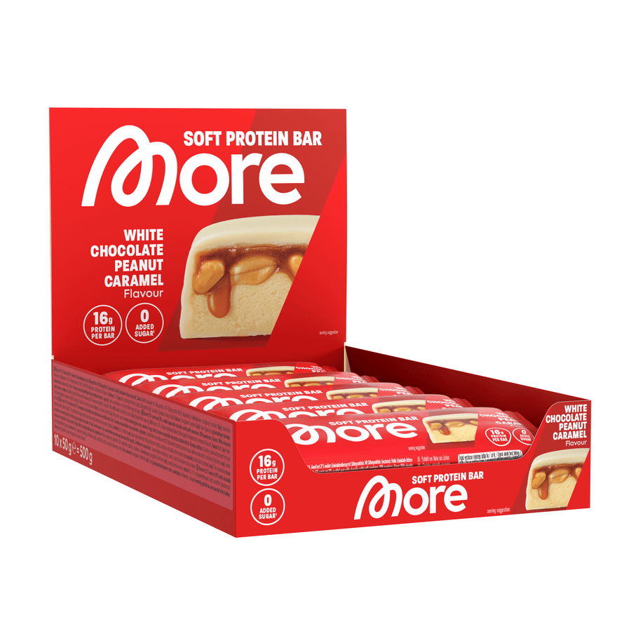 Mehr Nutrition Proteinriegel mit weißer Schokolade, Erdnuss und Karamell, 10 Stück à 50g, Riegel für gesunde Snacks