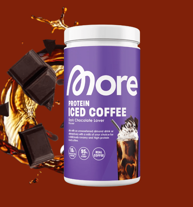 Mehr Nutrition Protein-Eiskaffee mit dunkler Schokolade, cremig und erfrischend, ideal für Protein- und Kaffeeliebhaber.