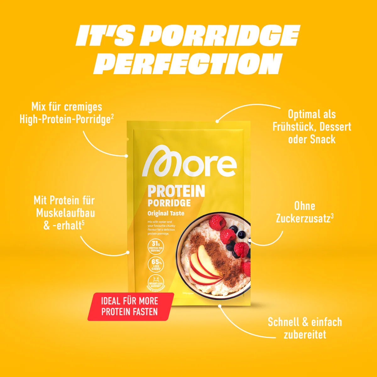Mehr Protein Porridge Original Geschmack von MORE NUTRITION, Reis, Porridge, natürliche Textur in 62g Packungen, nahrhaftes Frühstück.