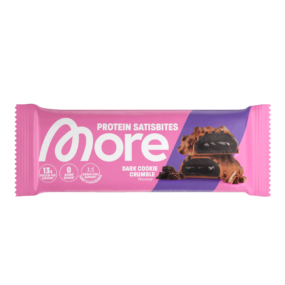 More Nutrition Satisbites Dark Chocolate Crumble Riegel mit dunkler Schokolade und knusprigem Crunch, proteinreich und lecker