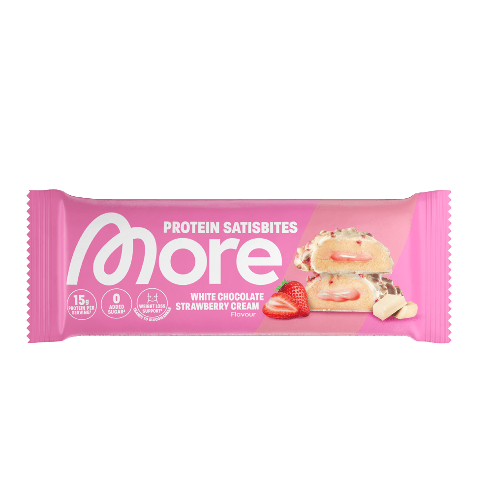 MORE NUTRITION Satisbites Riegel mit weißer Schokolade und Erdbeercreme, proteinreicher Snack in Riegel-Form