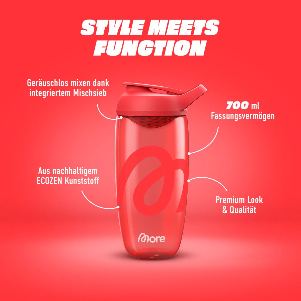 Roter MORE NUTRITION Premium Shaker mit Schraubverschluss und Messskala für Protein- und Nahrungsergänzungsmittel, Ansicht von oben