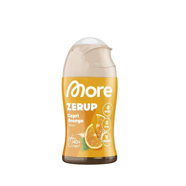 Mehr Nutrition Sirup Capri Orange in Flasche, orangefarbener Sirup mit fruchtigem Orangengeschmack, ideal für Getränke.