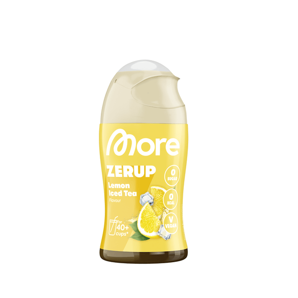 More Nutrition Zitronen Eistee Sirup, braune Flasche mit gelbem Zitronen-Design, ideal für erfrischende Getränke.