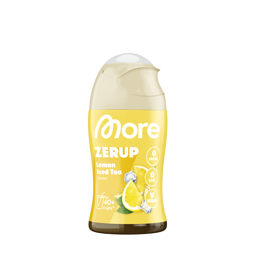More Nutrition Zitronen Eistee Sirup, braune Flasche mit gelbem Zitronen-Design, ideal für erfrischende Getränke.