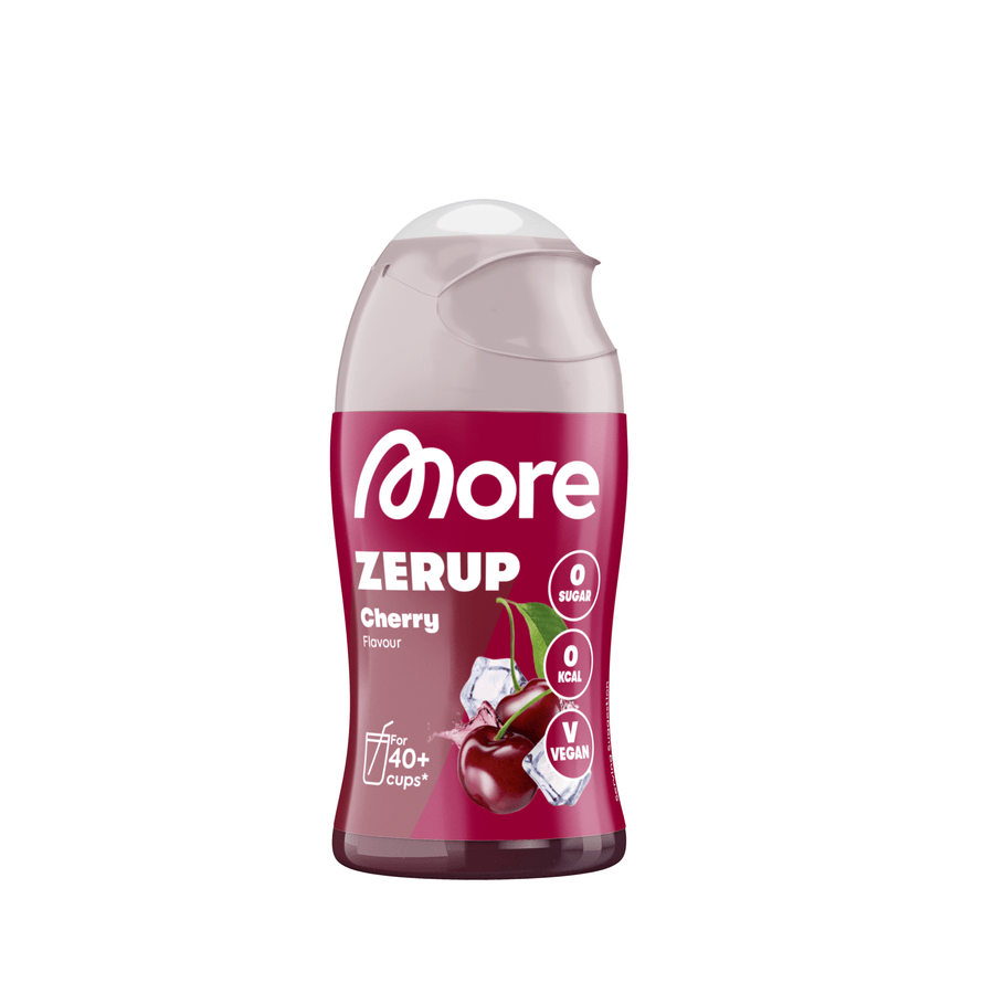 Mae Nutrition Cherry Sirup in einer Flasche, mit roter Farbe und fruchtigem Cherry-Aroma, ideal für Getränke und Desserts