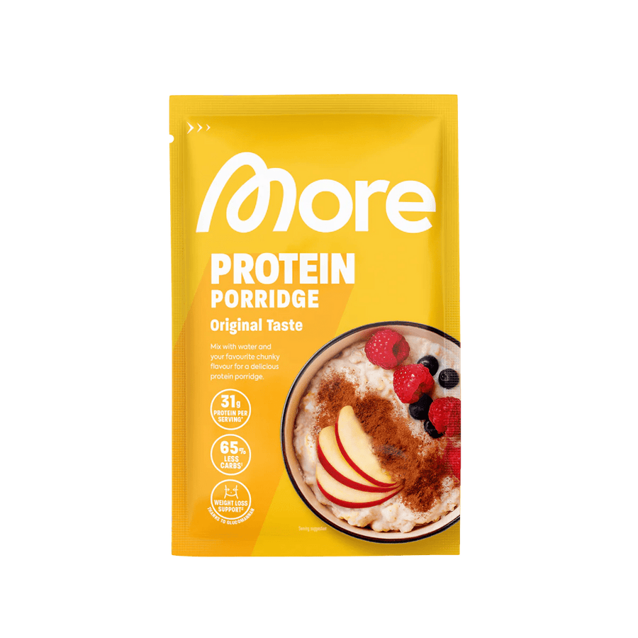 Mehr Protein Porridge Original Geschmack, 62g, in einer Schüssel mit Reis, cremig und nahrhaft, von MORE NUTRITION.