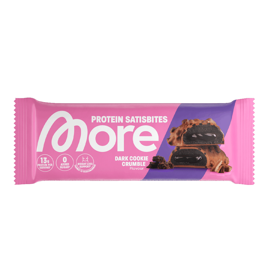 Mehr Protein Satisbites Dark Chocolate Crumble Riegel von MORE NUTRITION mit dunkler Schokolade und knuspriger Textur