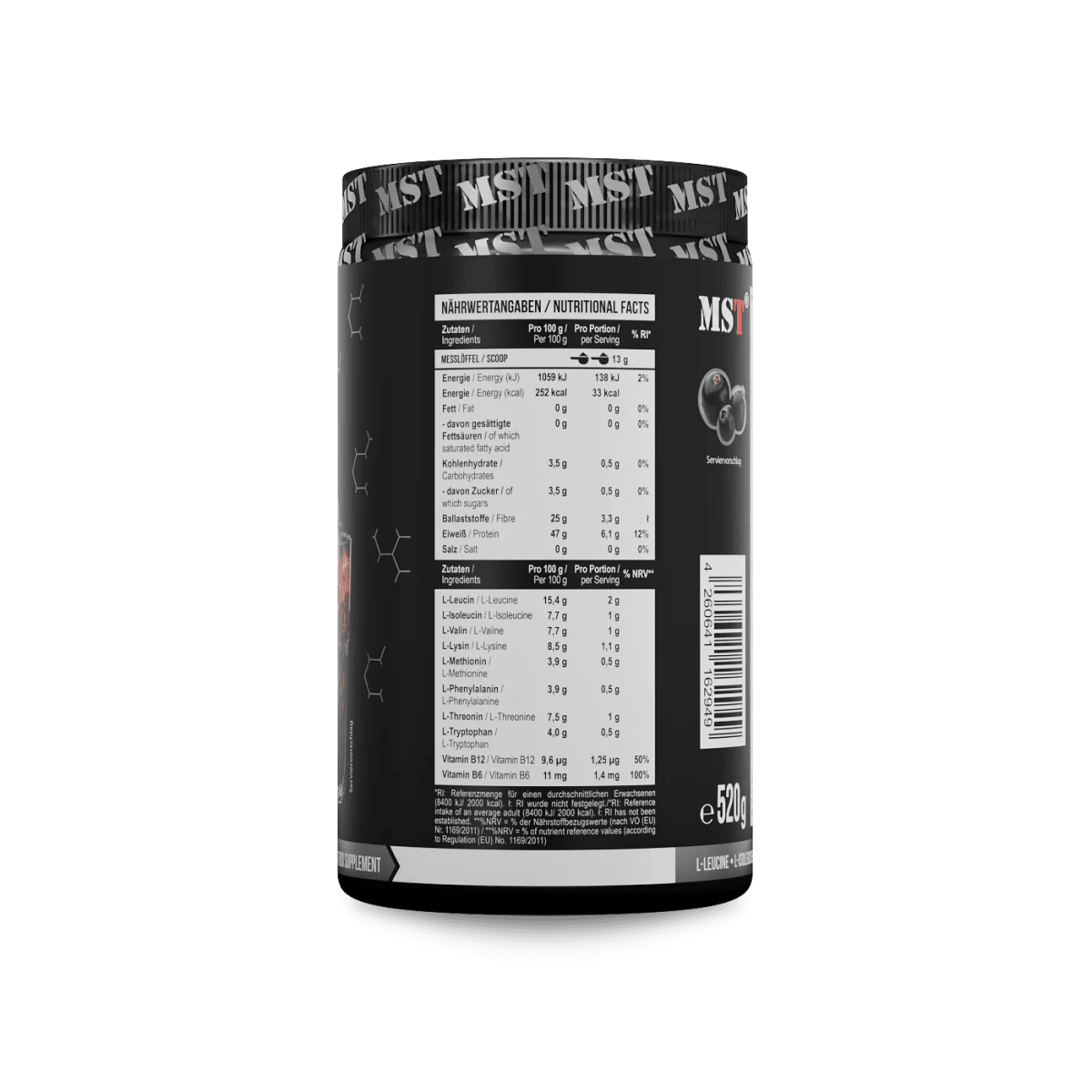MST Nutrition BCAA + EAA Aminosäurenpulver in Blackcurrant-Geschmack, 520 g, Pulver für Muskelaufbau und Regeneration