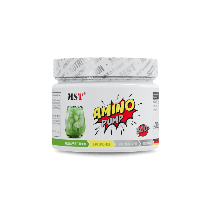 MST Amino Pump 300 g, Dose mit amino sauren, Nahaufnahme der Verpackung und Produktbeschreibung auf der Verpackung