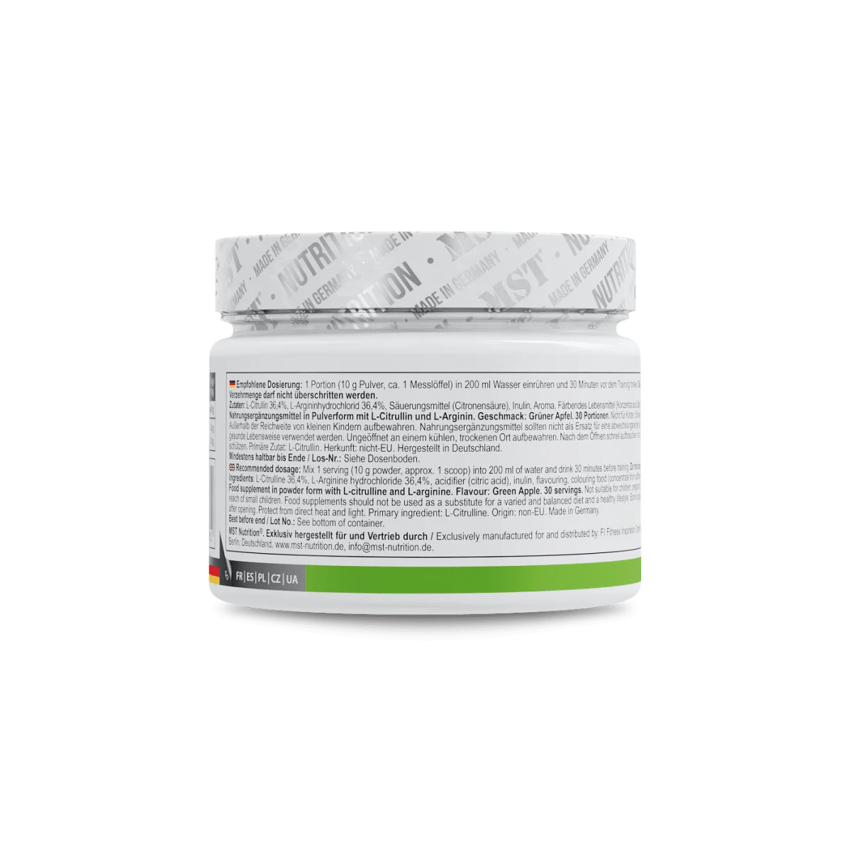 MST Amino Pump 300 g Pulver mit Arginin und Citrullin für Muskelleistung, Nahaufnahme des Pulverbehälters.