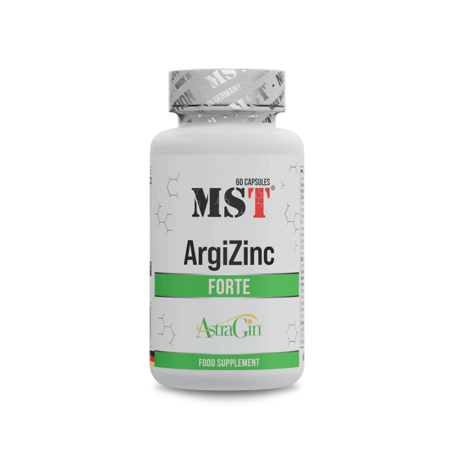 MST ArgiZinc Forte Kapseln in einer geöffneten Verpackung, zeigt die braunen Kapseln und die Produktbeschriftung.