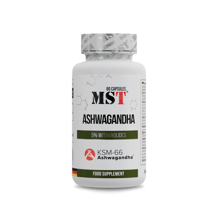 MST Ashwagandha KSM-66® 60 Kapseln, Nahrungsergänzungsmittel für Schlaf und Erholung, in einer weißen Packung mit Kapseln