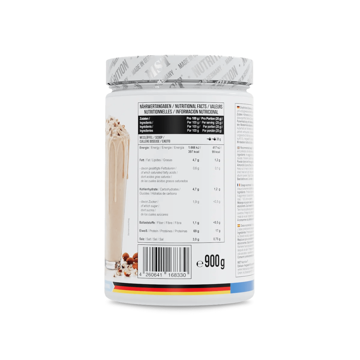 MST Best Egg Protein 900 g in Geschmacksrichtung Mandel-Kokos, zeigt die Verpackung mit Proteinpulver und Zutaten.
