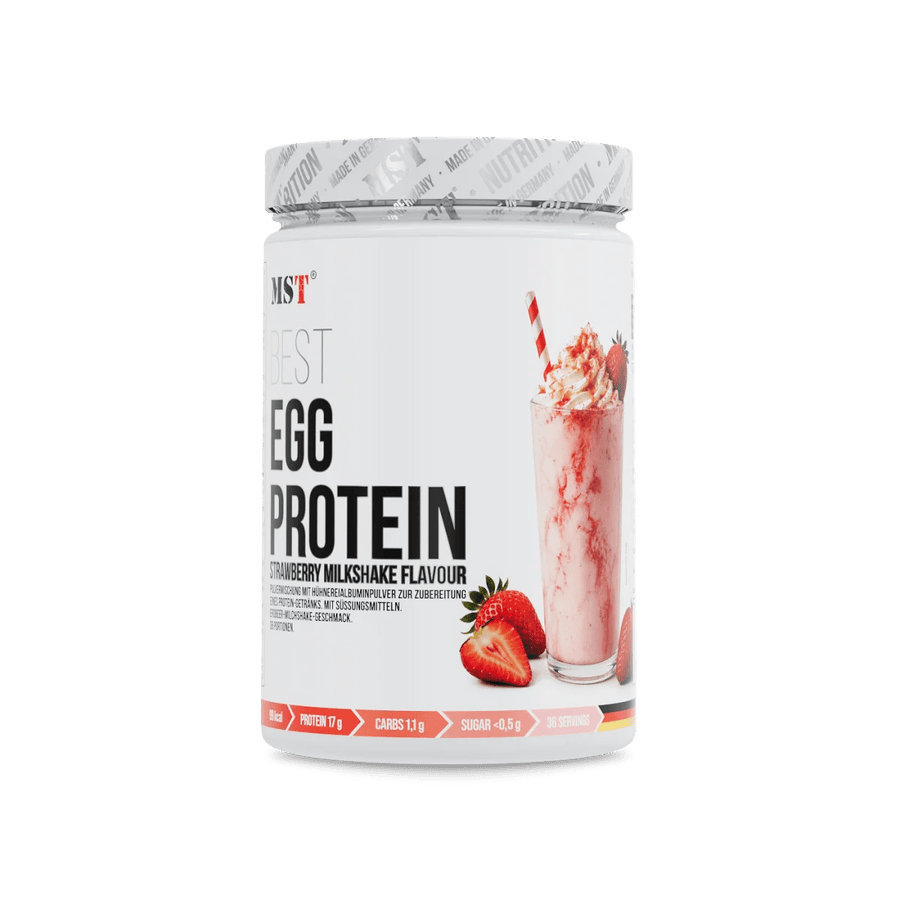 MST Best Egg Protein 900 g Milchshake mit Erdbeergeschmack, cremige Eiweißquelle in Pulverform.