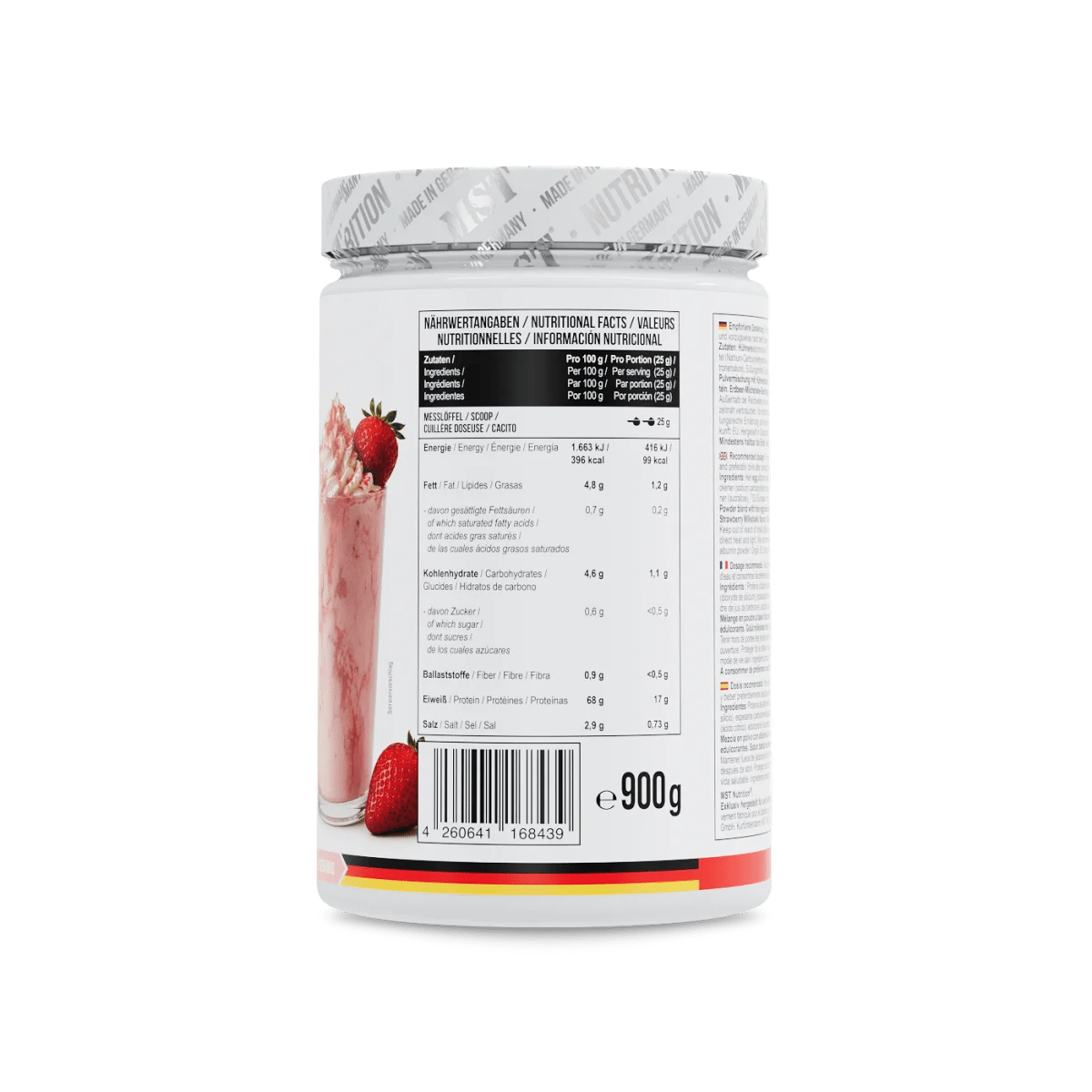 MST Best Egg Protein 900 g in Erdbeer-Milchshake-Geschmack, flüssiges Eiweißpulver in Dose, fitnessorientiert