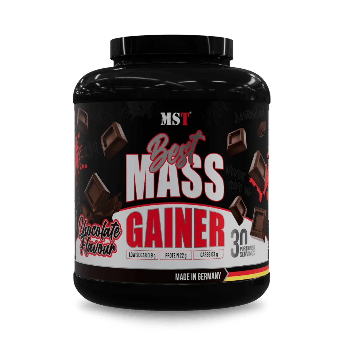 MST Best Mass Gainer 3 kg in Schokolade, Pulver für Muskelaufbau, mit hochwertigem Protein und Kohlenhydraten, sichtbar in der Verpackung